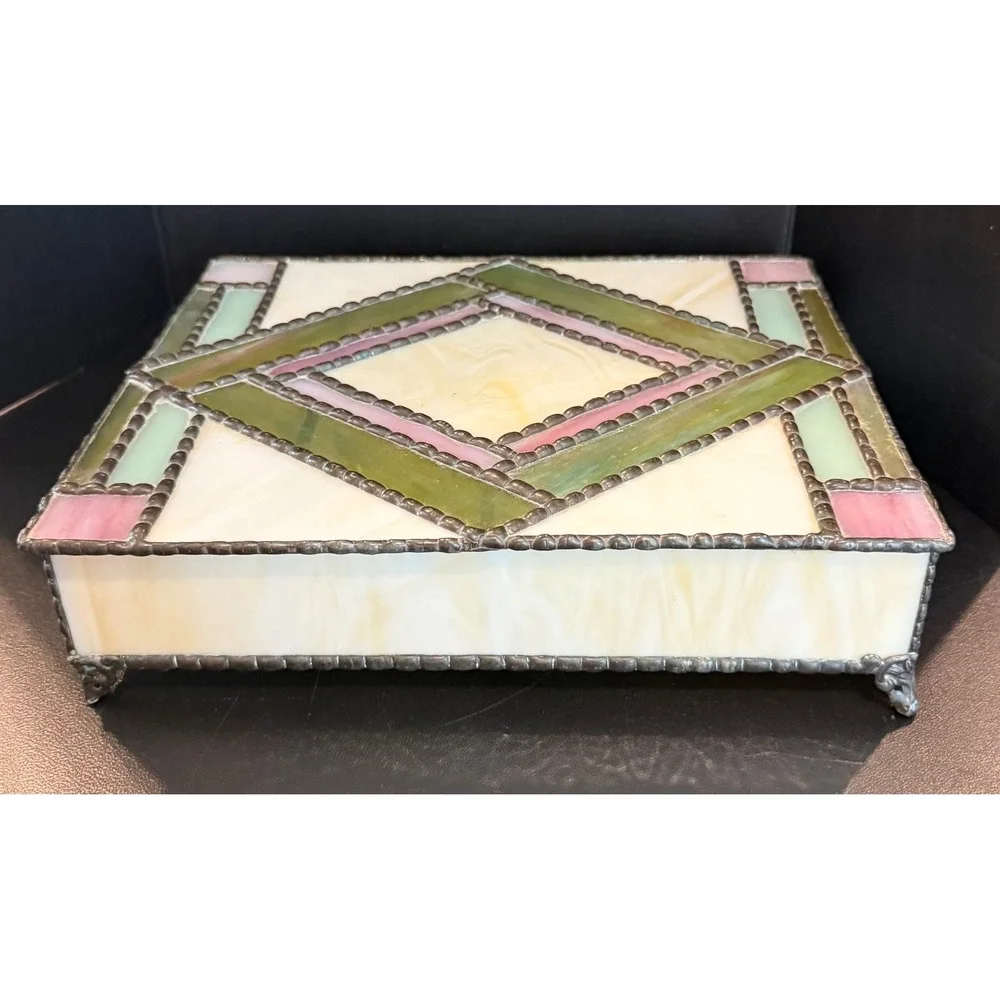Handcrafted Large Jewelry Box Cream Green‎ Pink Stained Slag Glass Geometric